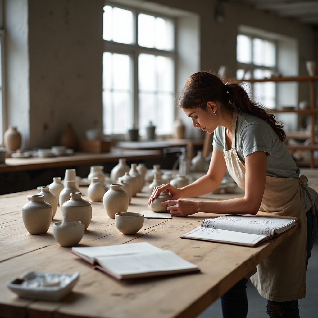 Arbeitstisch mit verschiedenen Glasgefäßen und Keramikstücken bei der Qualitätsprüfung, natürliches Licht