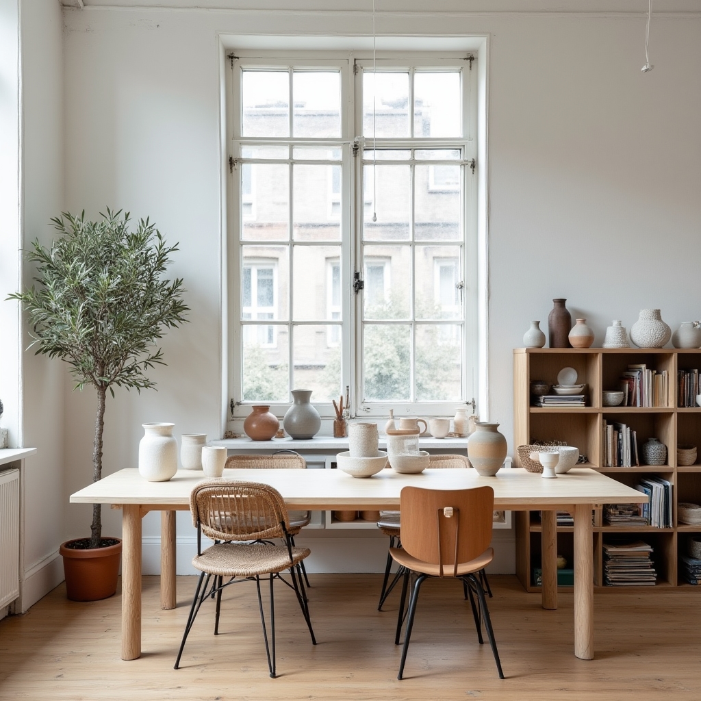 Heller Arbeitsraum in Berlin mit Holztischen und Glasgefäßen auf Regalen
